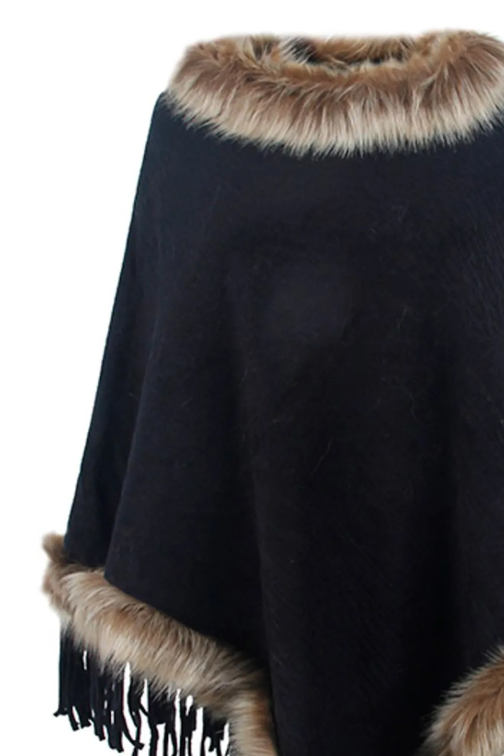 Faux Fur Trim Fringed Poncho, image 7