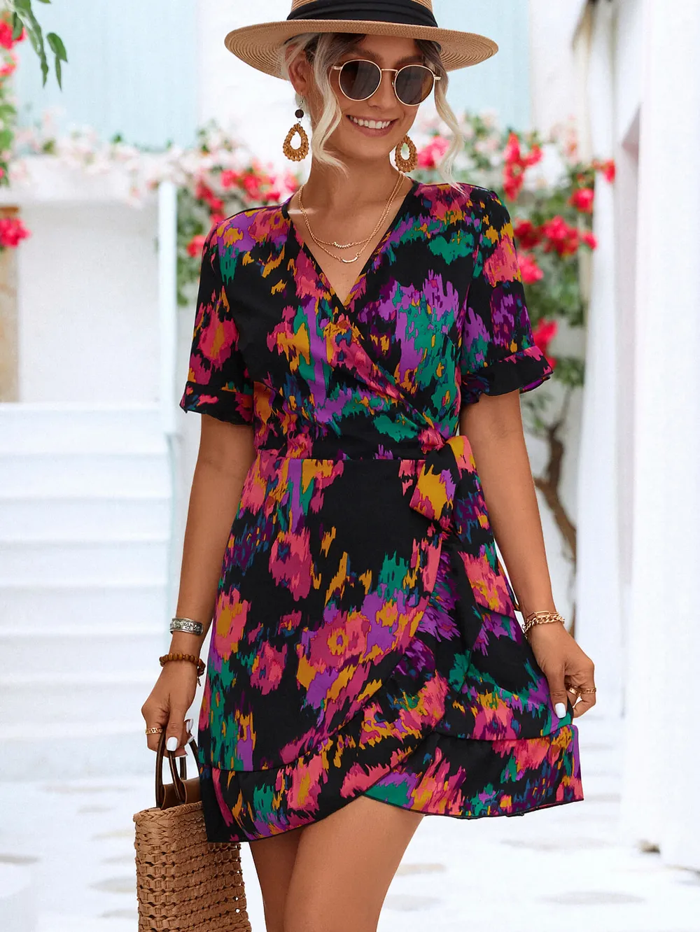 Printed Flounce Sleeve Tied Dress, image 6