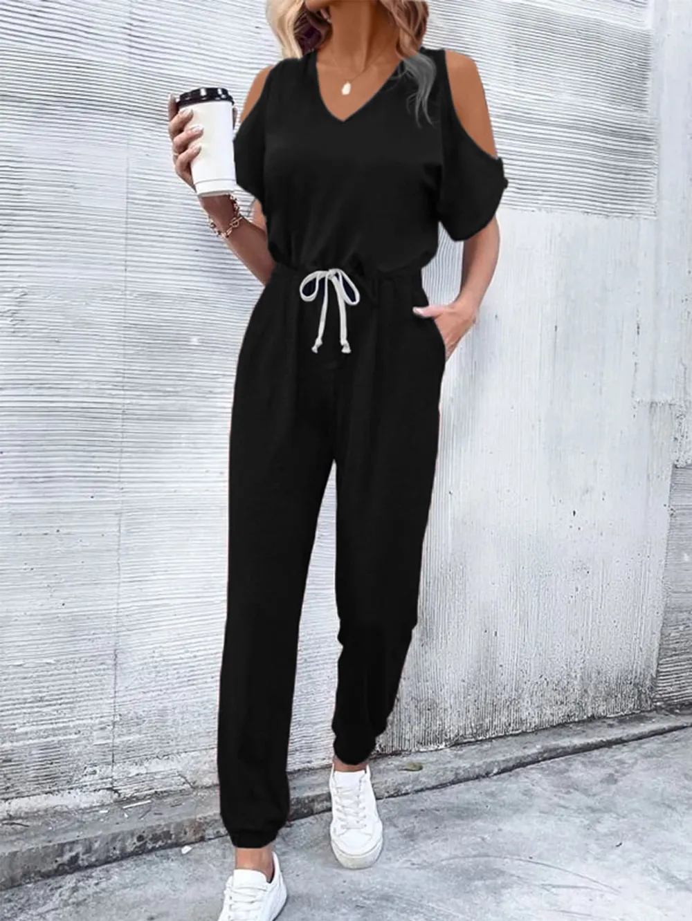 V-Neck Cold-Shoulder Jumpsuit with Pockets, image 5