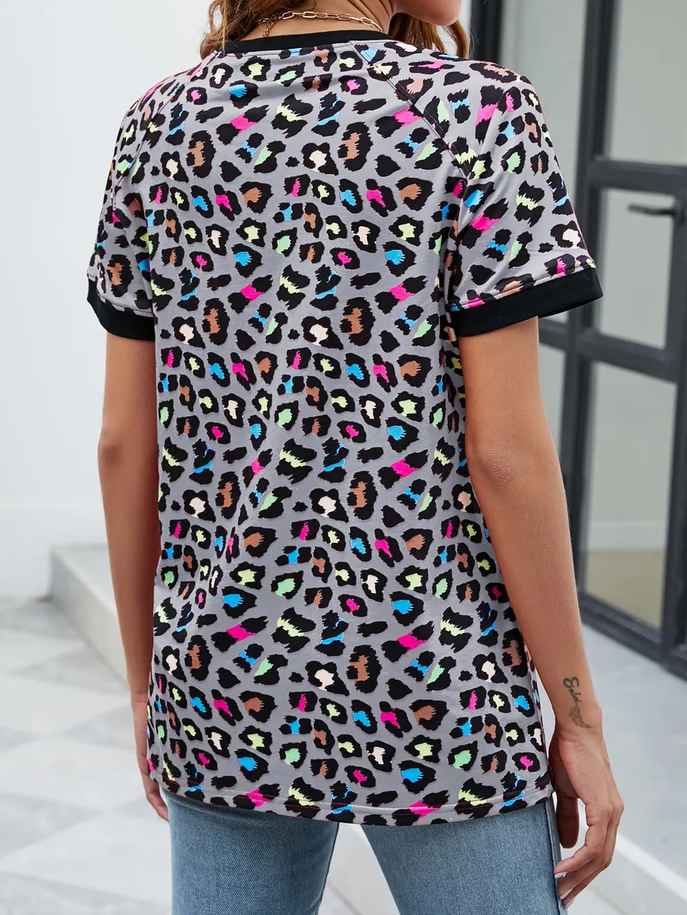 Leopard Round Neck Short Sleeve Tee Shirt, image 7