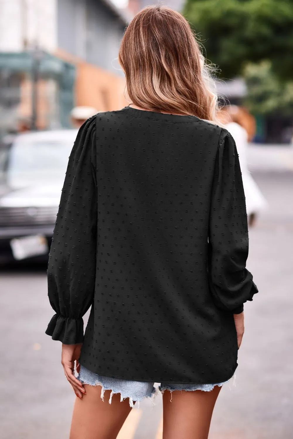 Swiss Dot Notched Neck Flounce Sleeve Blouse, image 12