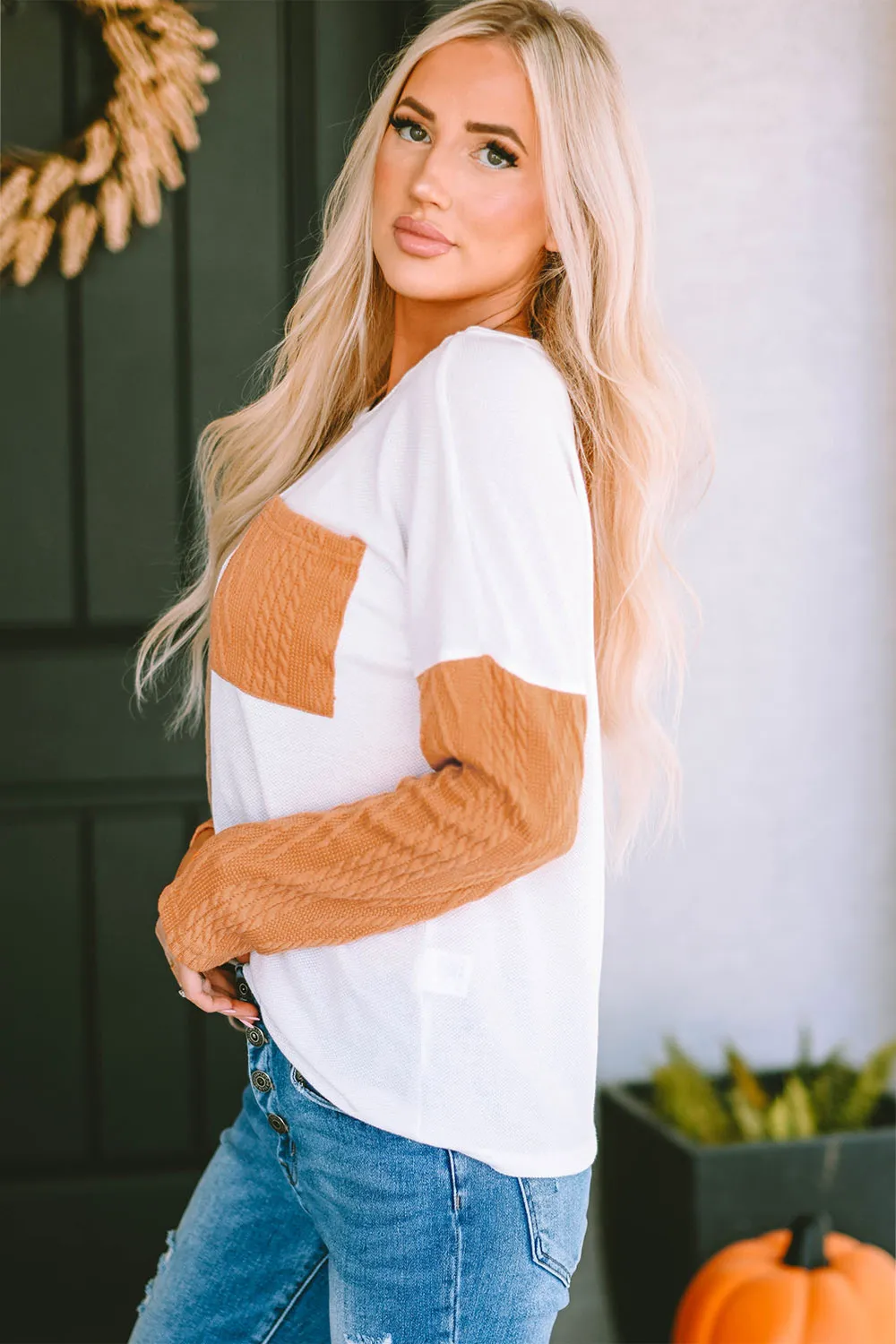 Full Size Color Block Cable-Knit Tops, image 2
