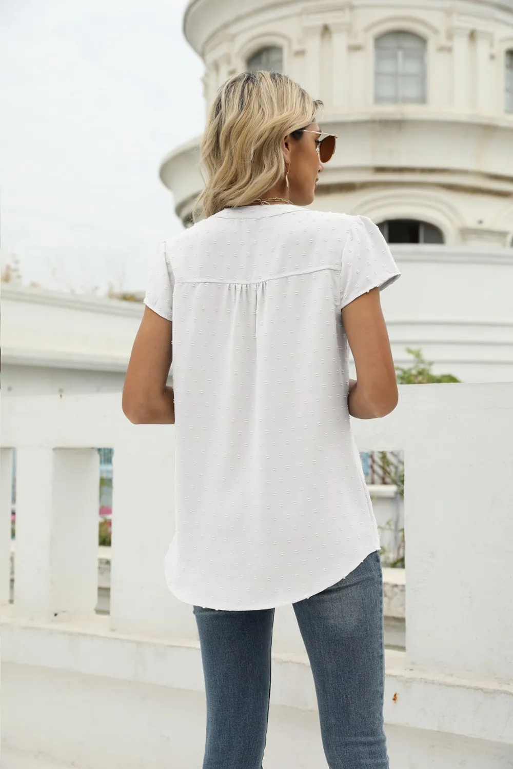Swiss Dot Notched Neck Short Sleeve Top, image 18