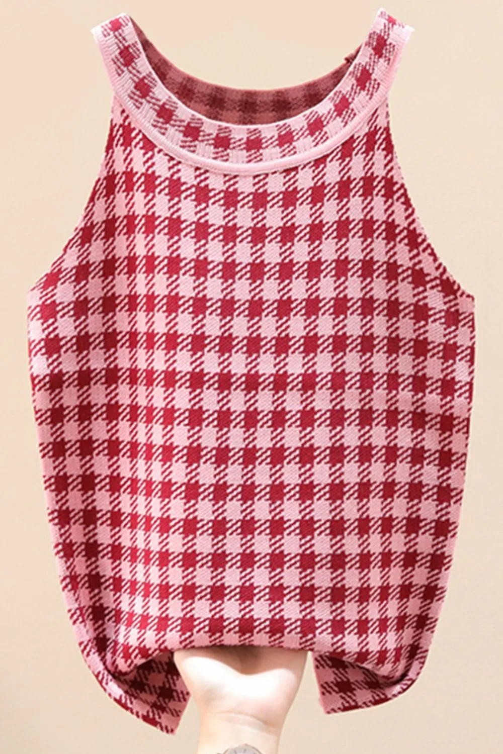 Plaid Round Neck Sleeveless Knit Top, image 7