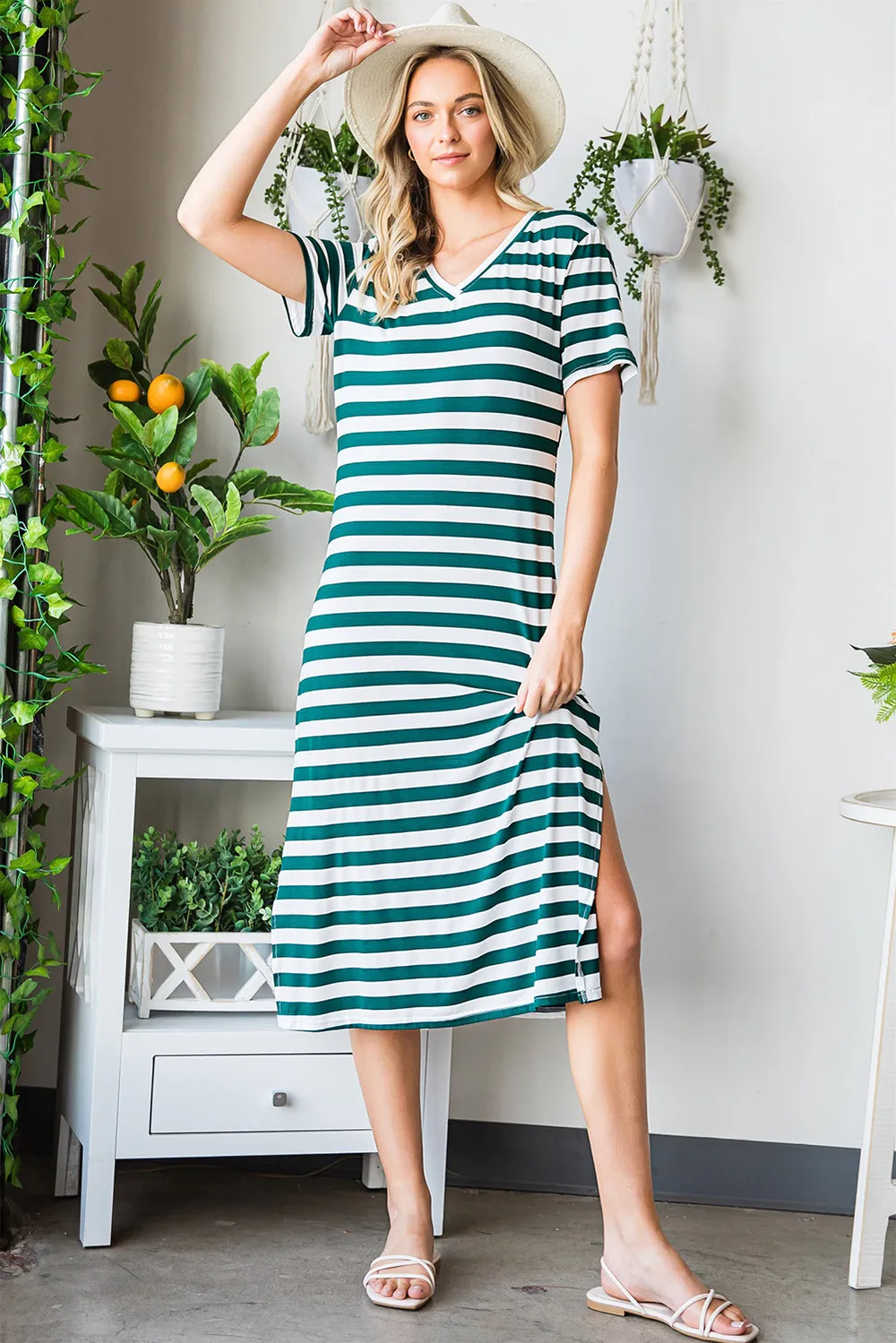 Striped V-Neck Short Sleeve Side Slit Dress, image 6