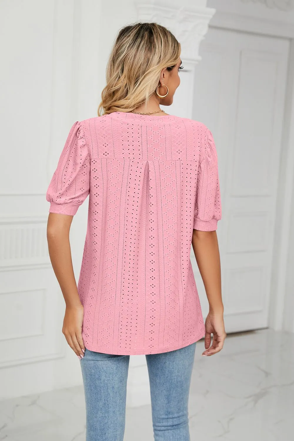Eyelet Short Puff Sleeve Notched Neck Top, image 28
