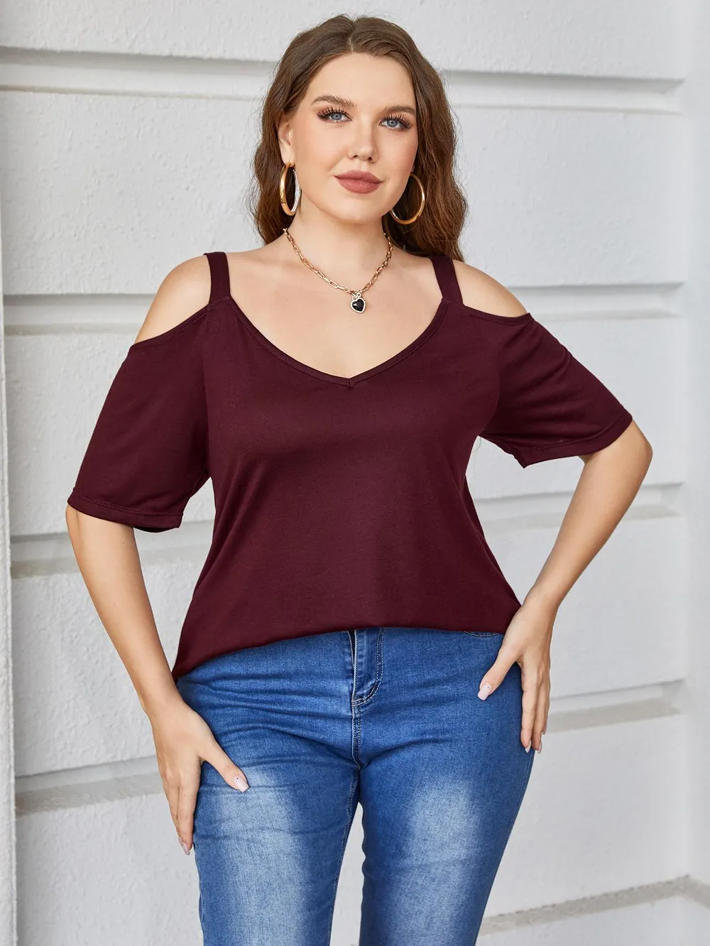 Plus Size V-Neck Cold-Shoulder Blouse, image 3