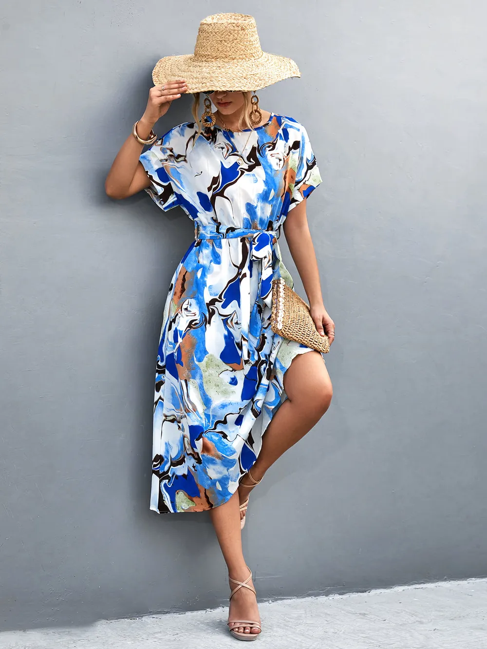 Round Neck Short Sleeve Tie Waist Midi Dress, image 11