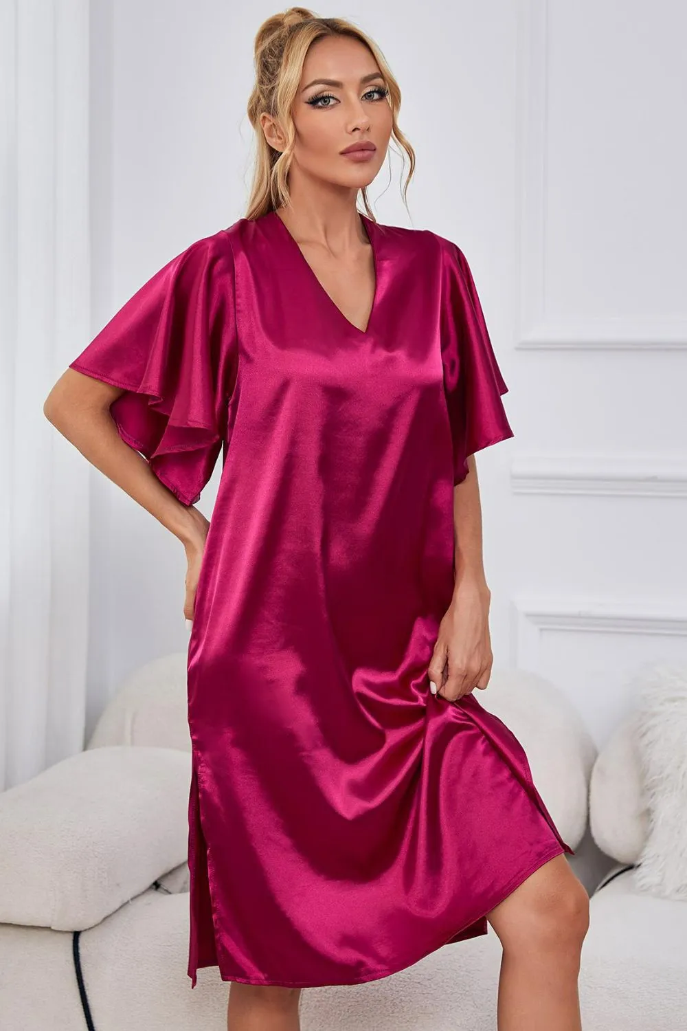 Satin Flutter Sleeve Side Slit V-Neck Night Dress, image 6