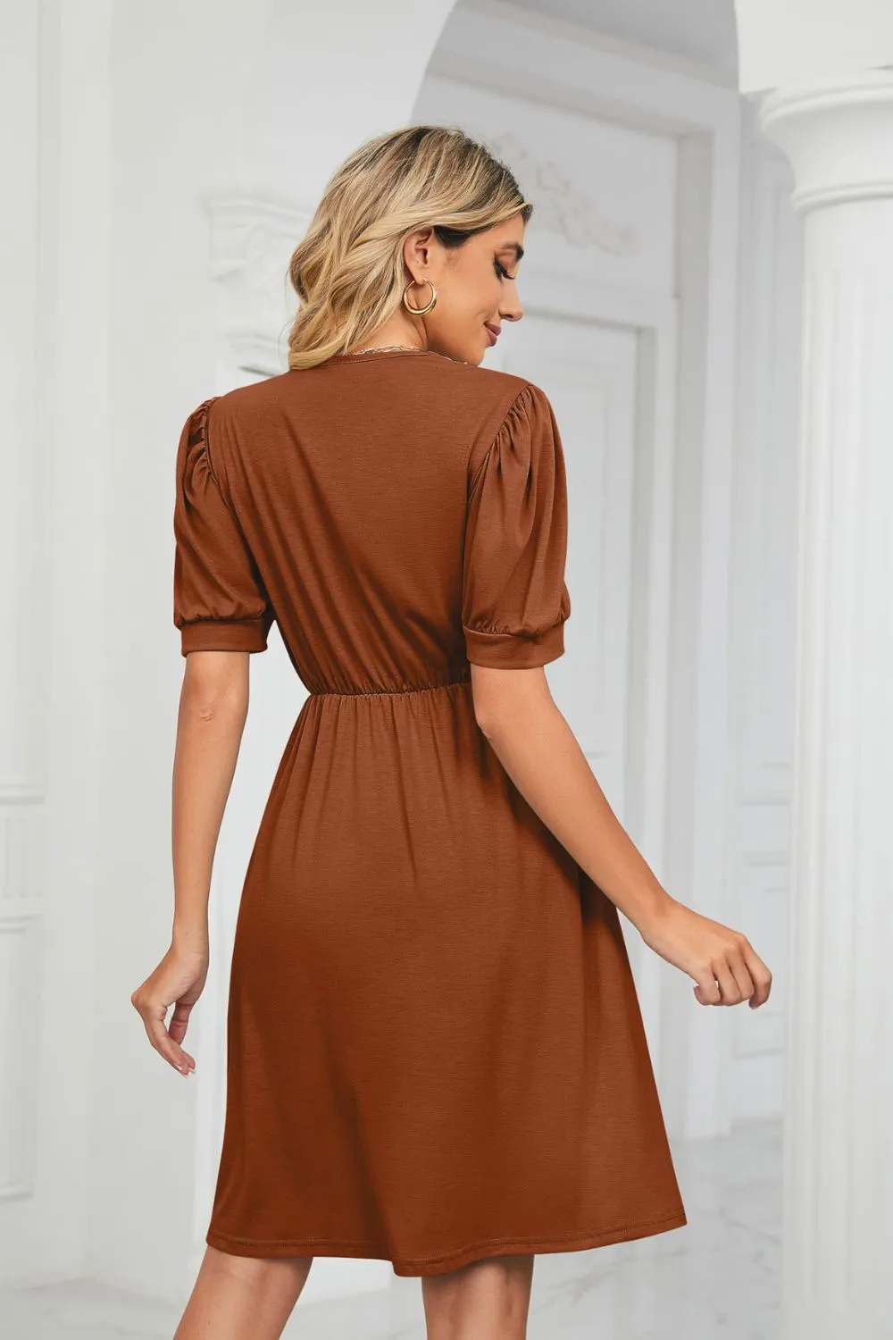 Contrast V-Neck Puff Sleeve Pocket Dress, image 15