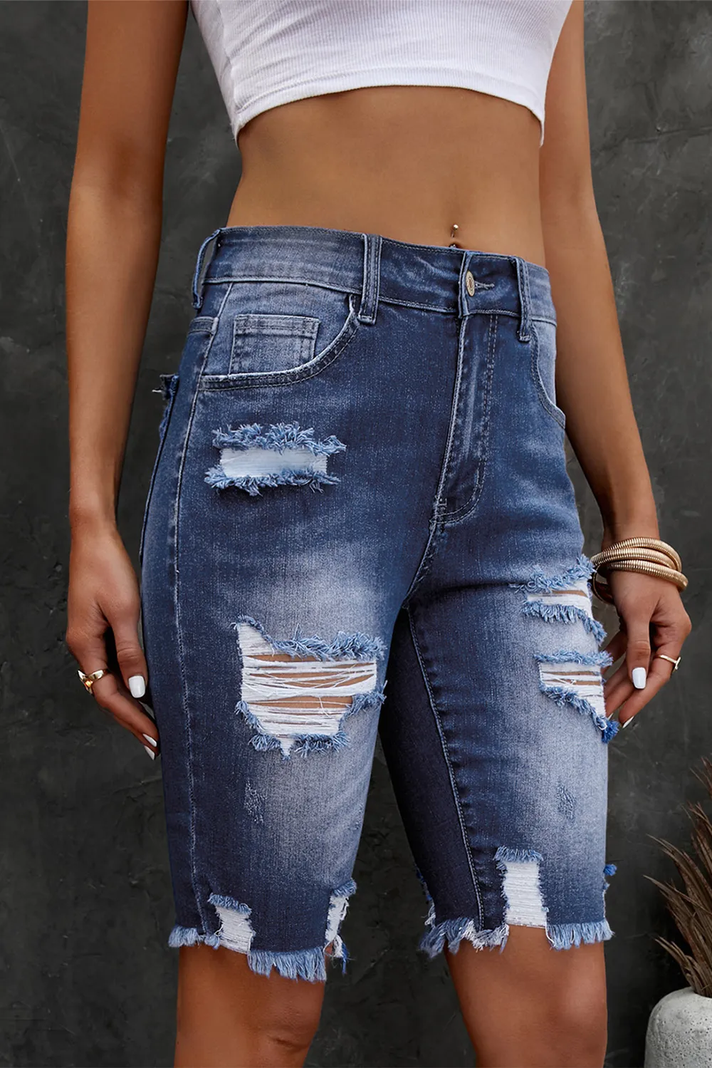 Distressed Frayed Hem Denim Bermuda Shorts, image 7