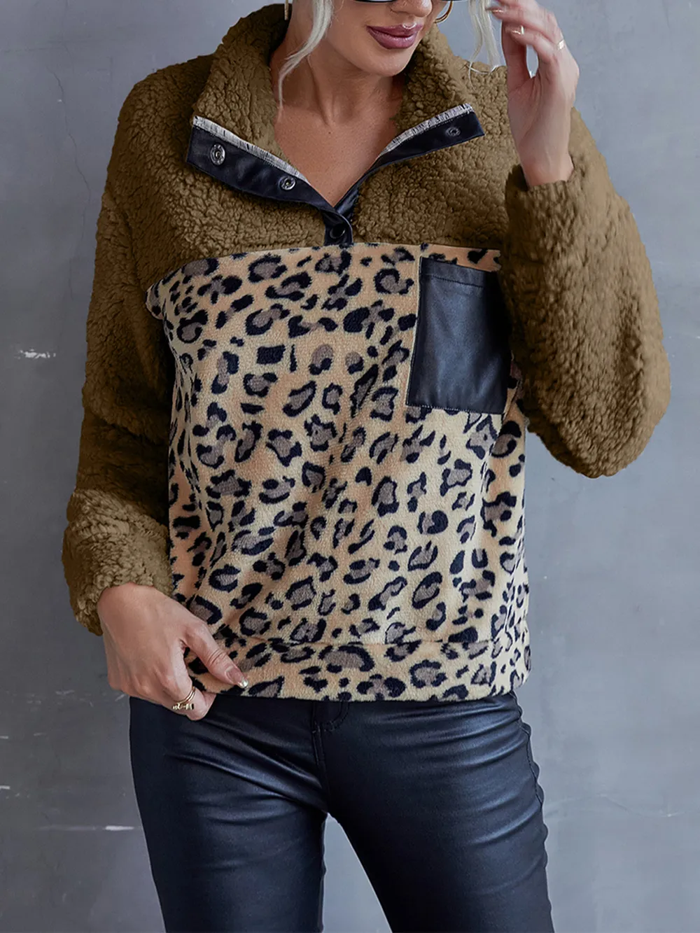 Leopard Quarter-Snap Teddy Sweatshirt, image 2