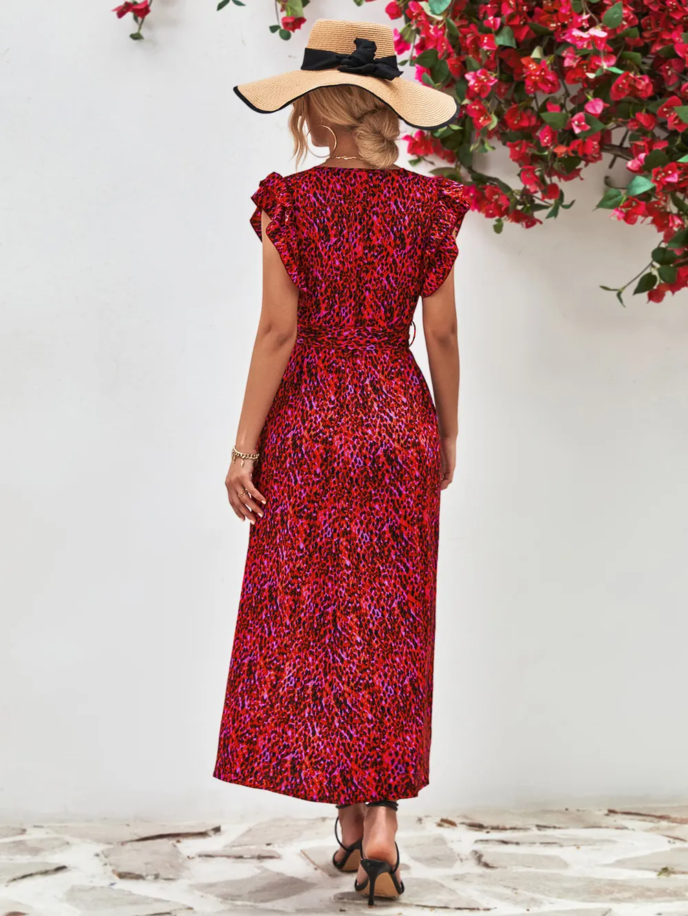 Printed Surplice Neck Flutter Sleeve Slit Dress, image 8