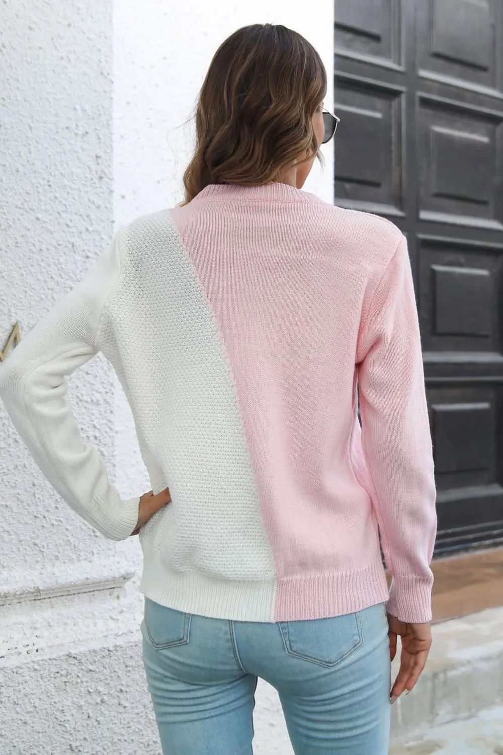 Contrast Color Round Neck Long Sleeve Sweater, image 3