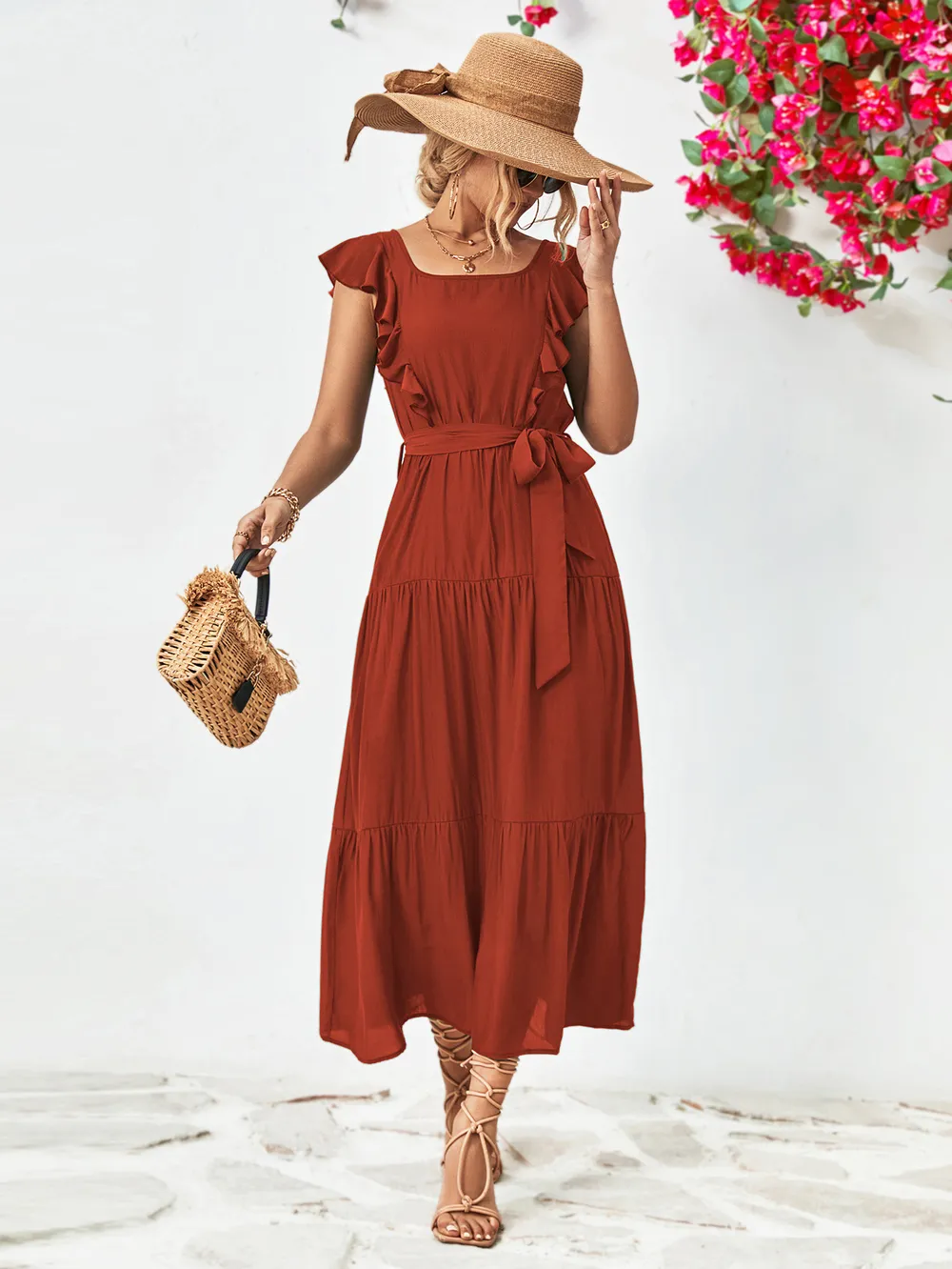 Tie Belt Ruffled Tiered Dress, image 8