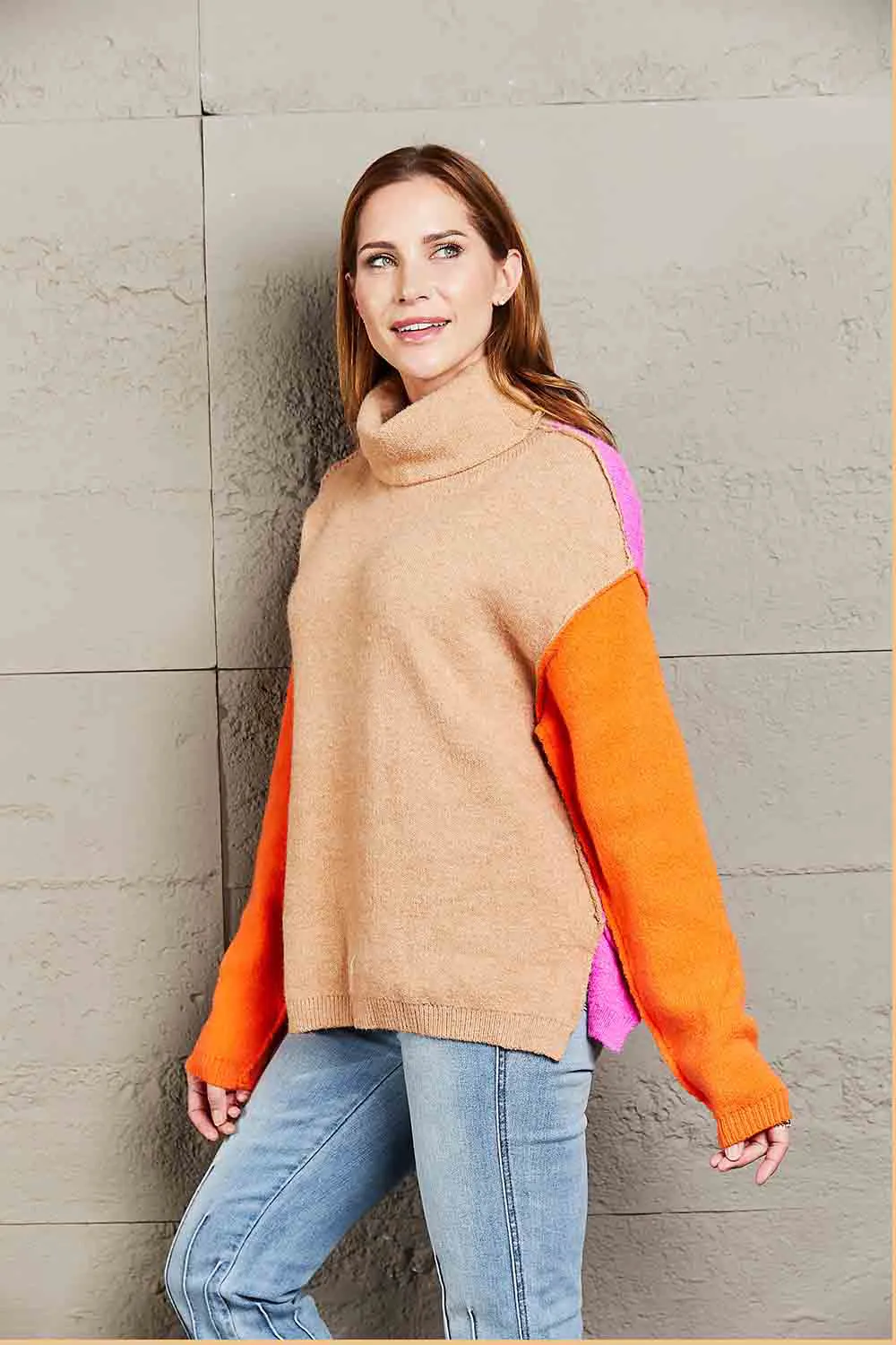 Color Block Turtleneck Slit Sweater, image 3