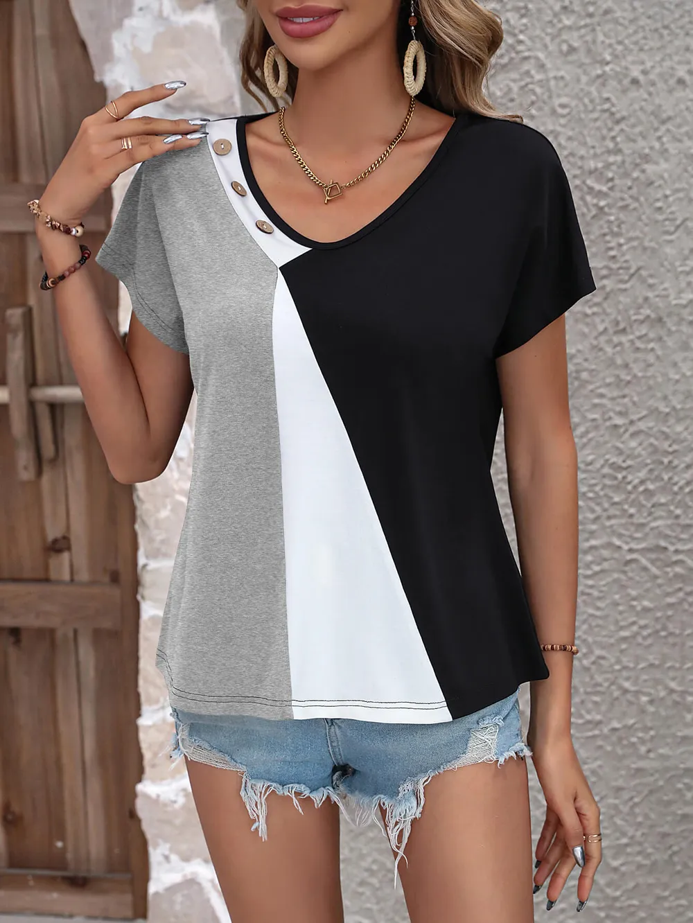 Color Block Decorative Button V-Neck Tee, image 11