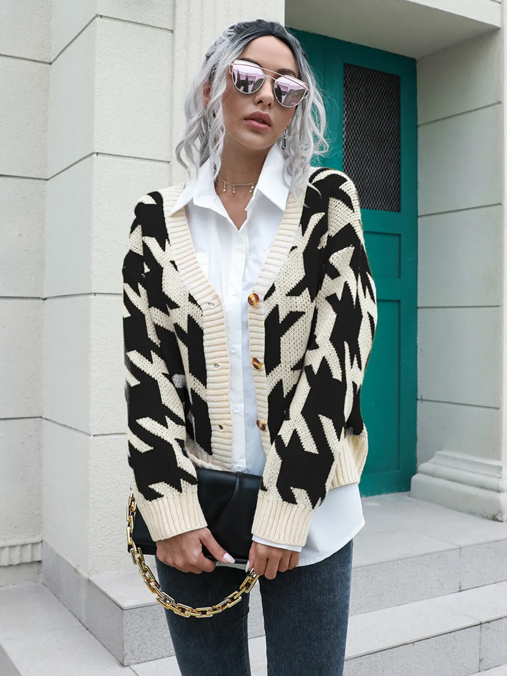 Houndstooth Button Down Cardigan, image 4