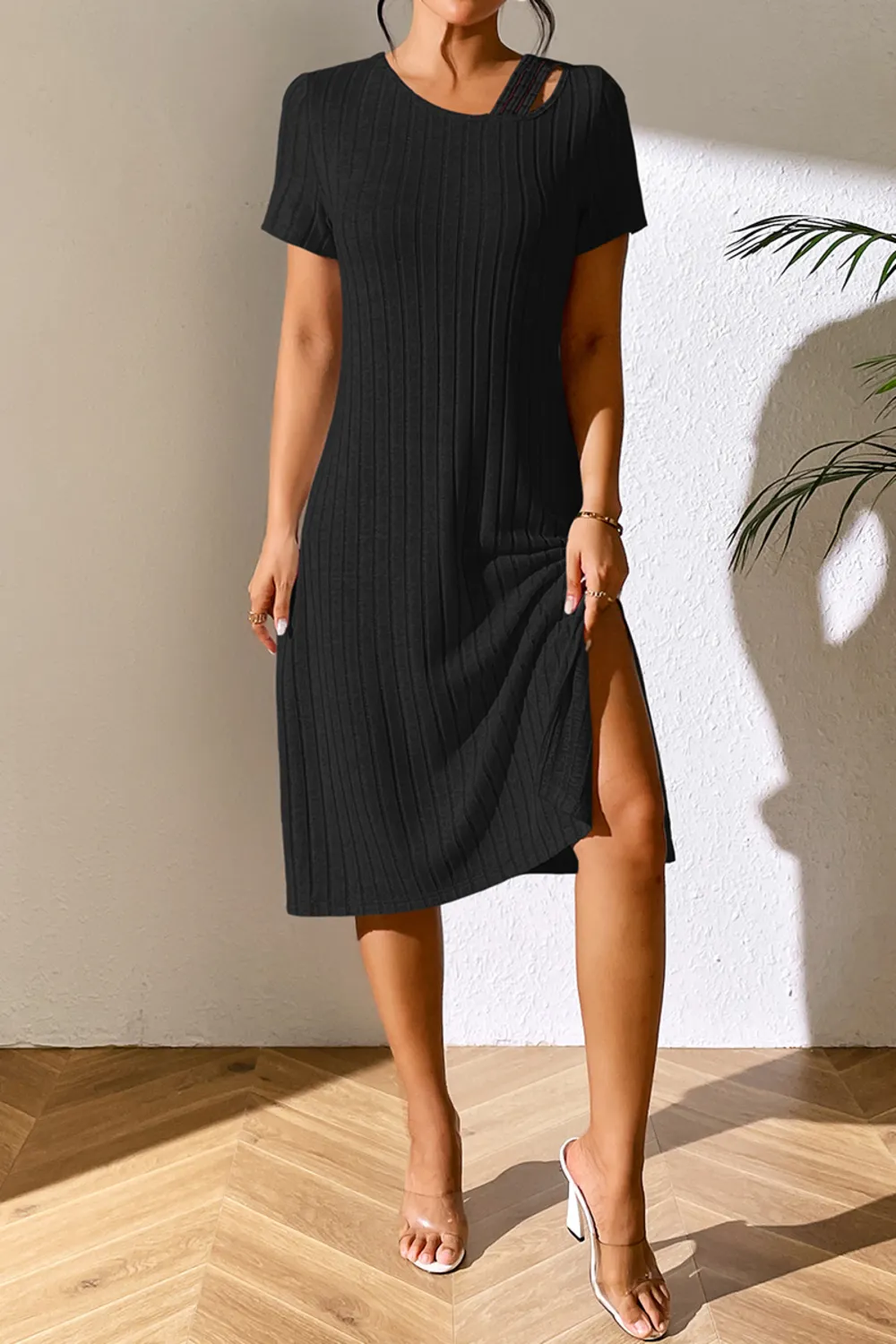 Ribbed Asymmetrical Neck Short Sleeve Dress, image 8