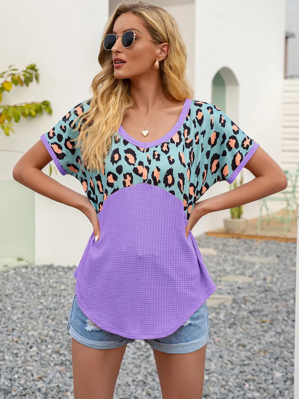 Leopard Waffle-Knit Short Sleeve Top, image 8