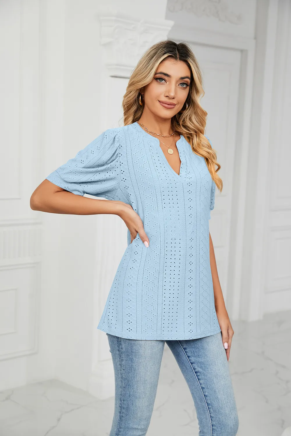 Eyelet Short Puff Sleeve Notched Neck Top, image 11