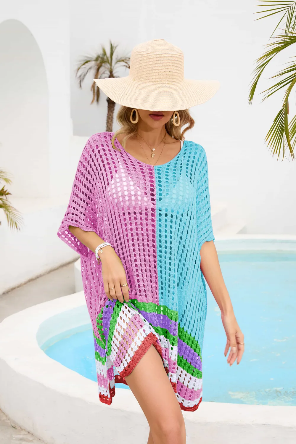 Contrast Scoop Neck Openwork Half Sleeve Cover Up, image 13