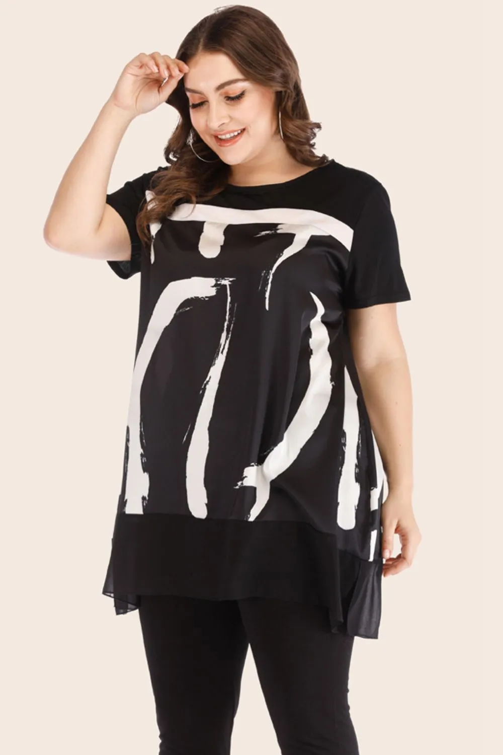 Plus Size Contrast Spliced Mesh T-Shirt and Cropped Leggings Set, image 3