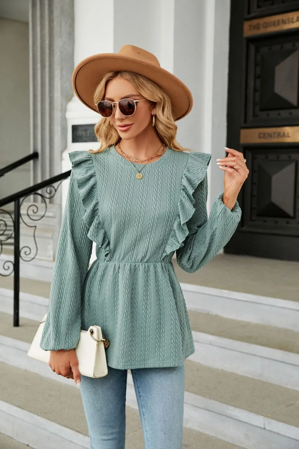 Round Neck Ruffled Peplum Blouse, image 8