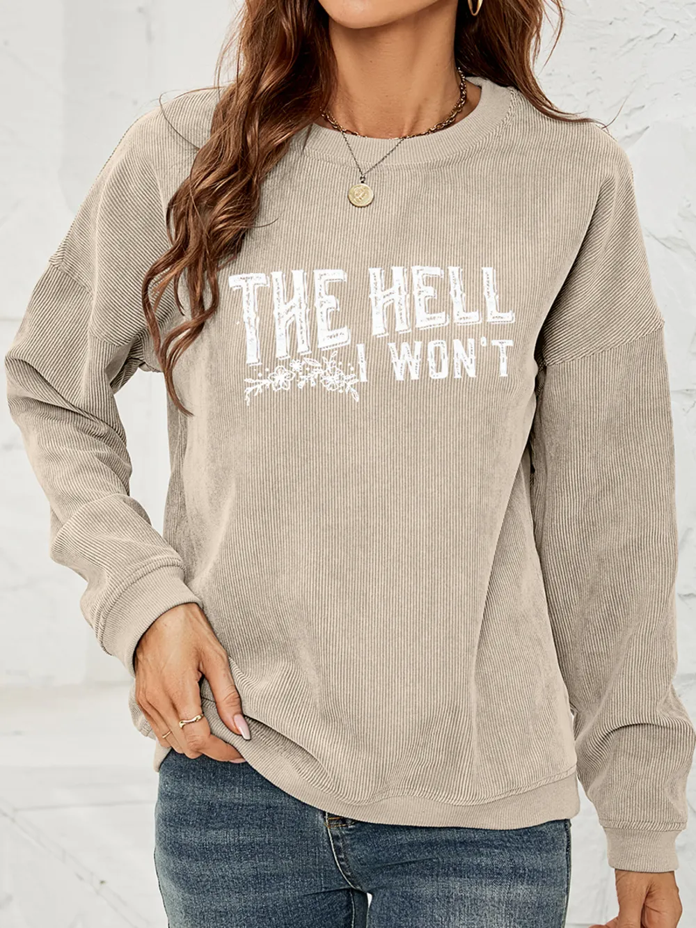 Round Neck Dropped Shoulder THE HELL I WON'T Graphic Sweatshirt, image 4