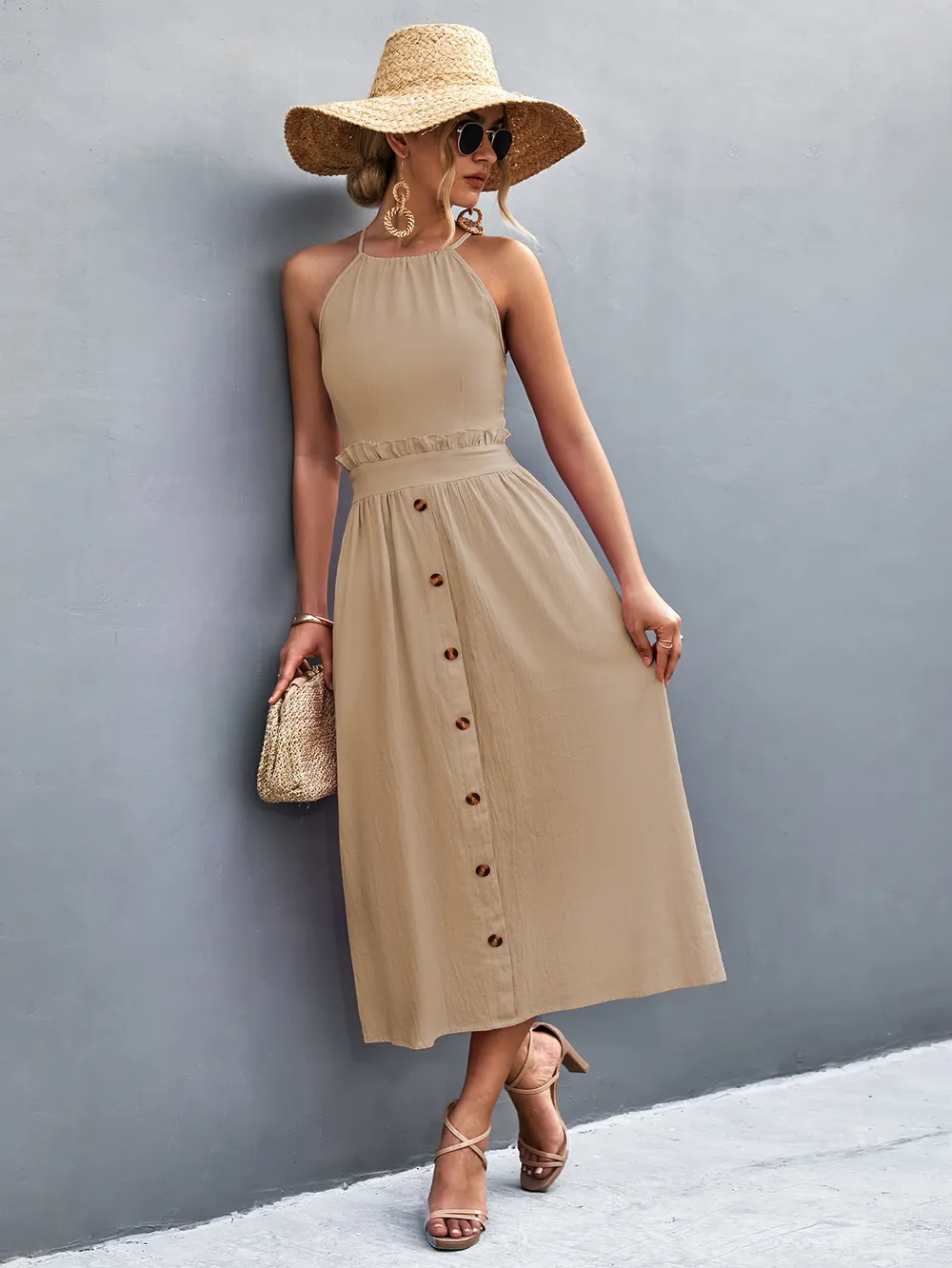 Buttoned Halter Neck Frill Trim Midi Dress, image 8
