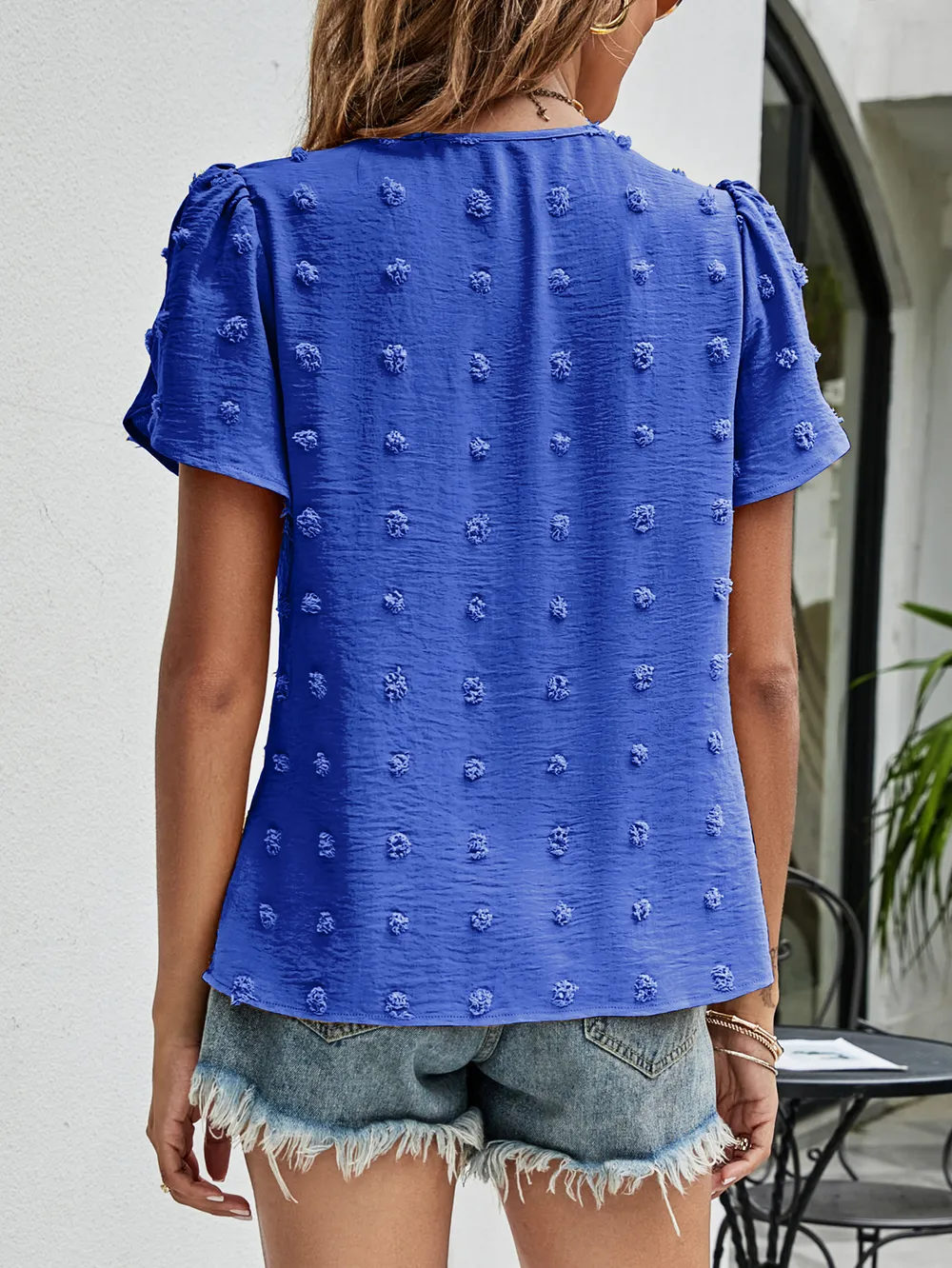 Swiss Dot Round Neck Petal Sleeve Top, image 24