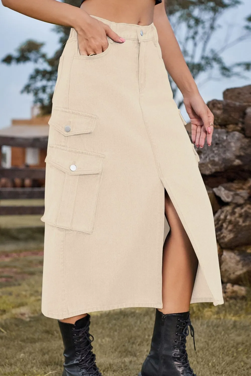 Slit Front Midi Denim Skirt with Pockets, image 8