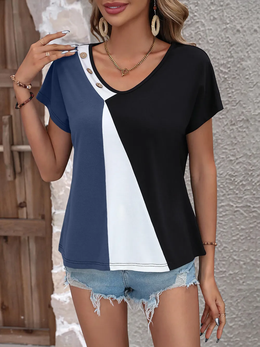 Color Block Decorative Button V-Neck Tee, image 12
