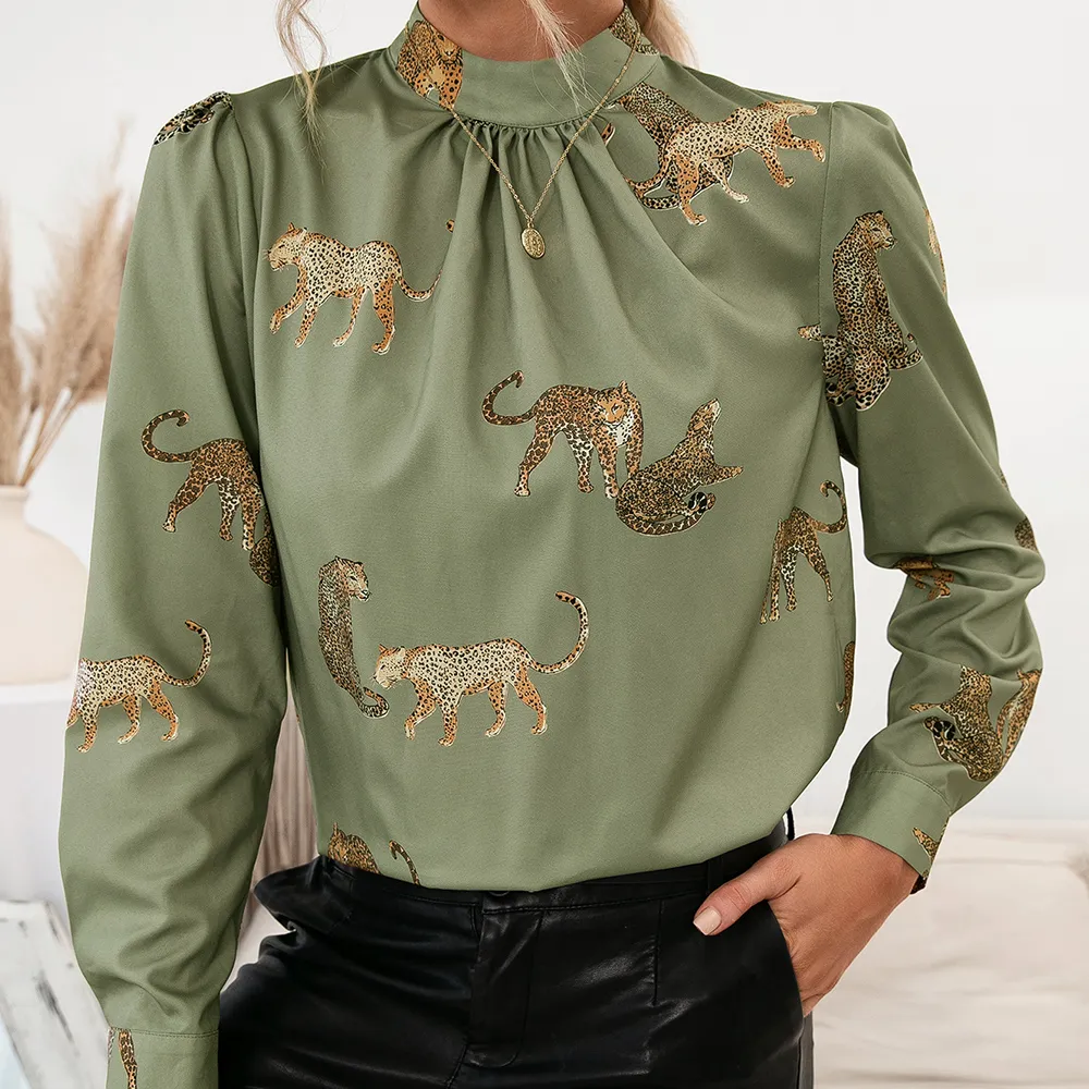 Leopard Graphic Mock Neck Puff Sleeve Blouse, image 8