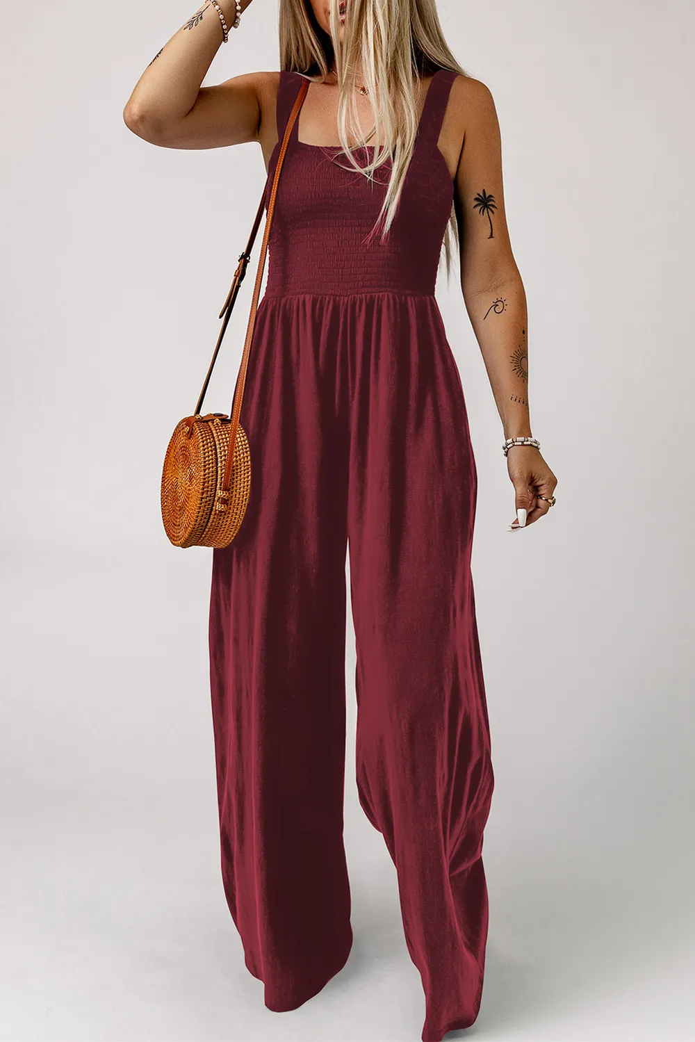 Smocked Square Neck Wide Leg Jumpsuit with Pockets, image 9