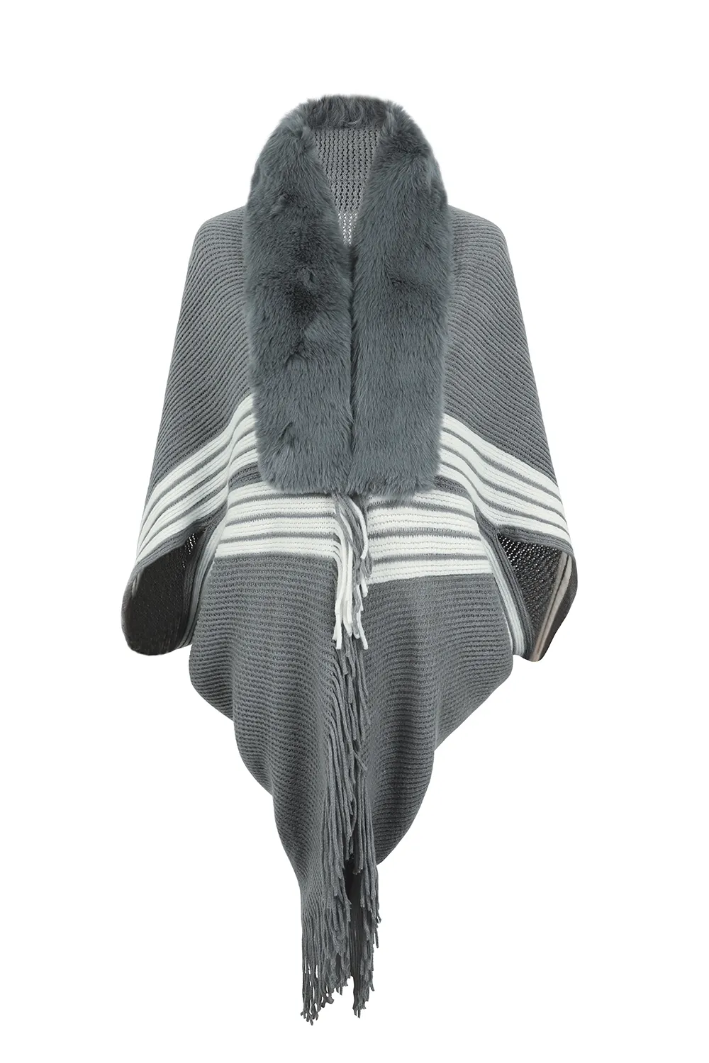 Striped Fringe Detail Long Sleeve Poncho, image 12