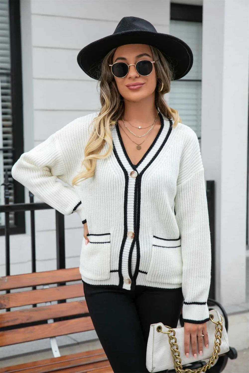 Waffle Knit V-Neck Cardigan with Pocket, image 7