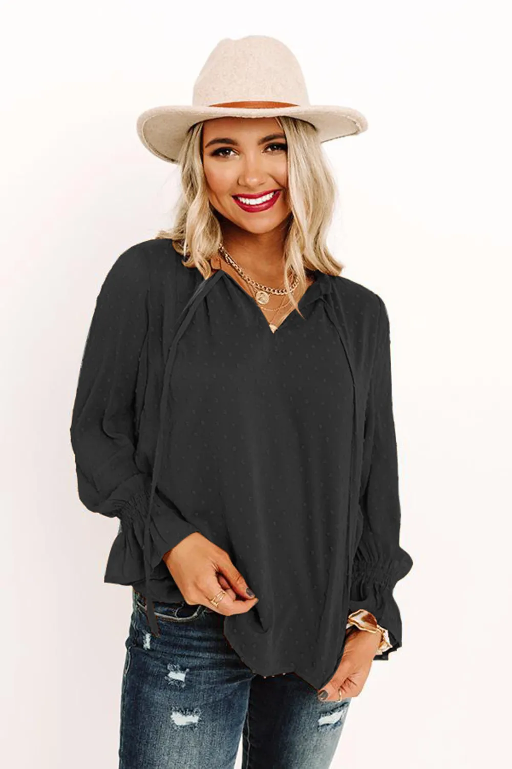 Swiss Dot Tie Neck Flounce Sleeve Blouse, image 6