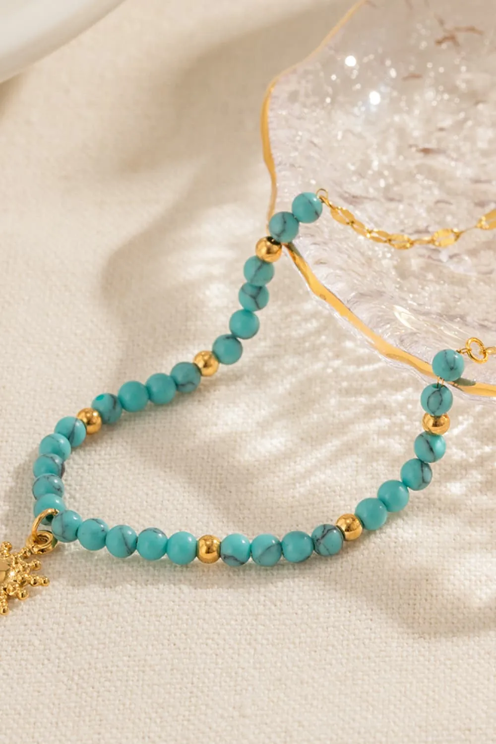 Turquoise Beaded 18K Gold-Plated Sun Shape Pendant Necklace, image 4
