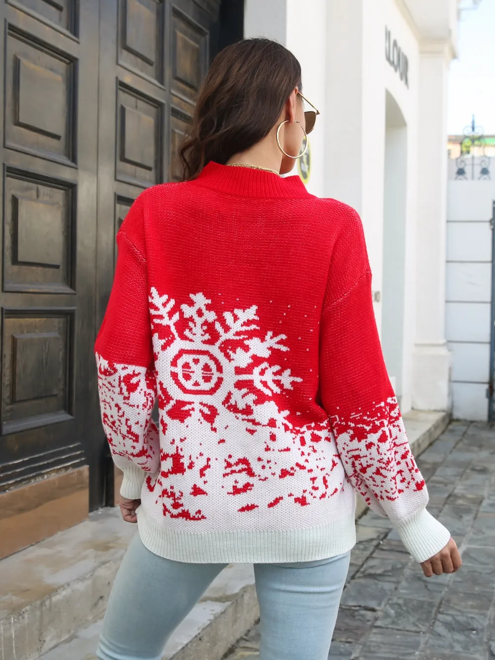 Snowflake Pattern Mock Neck Sweater, image 3