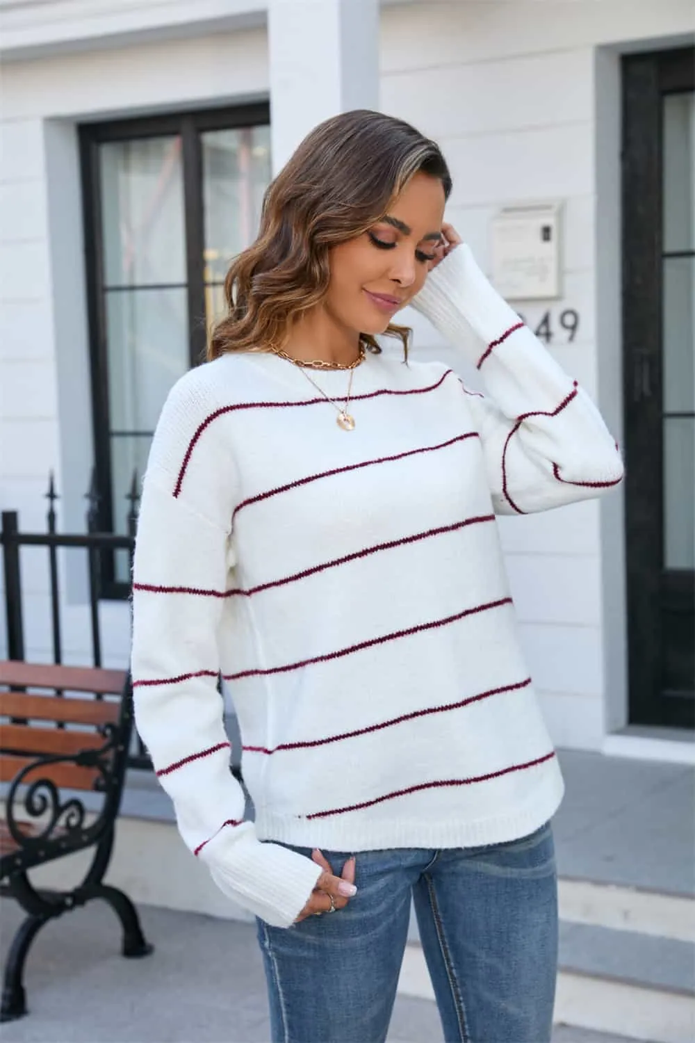 Striped Round Neck Long Sleeve Sweater, image 5