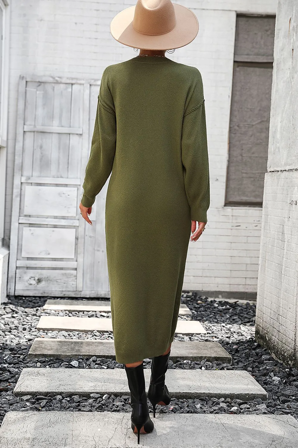 Notched Neck Dropped Shoulder Button-Down Midi Dress, image 11