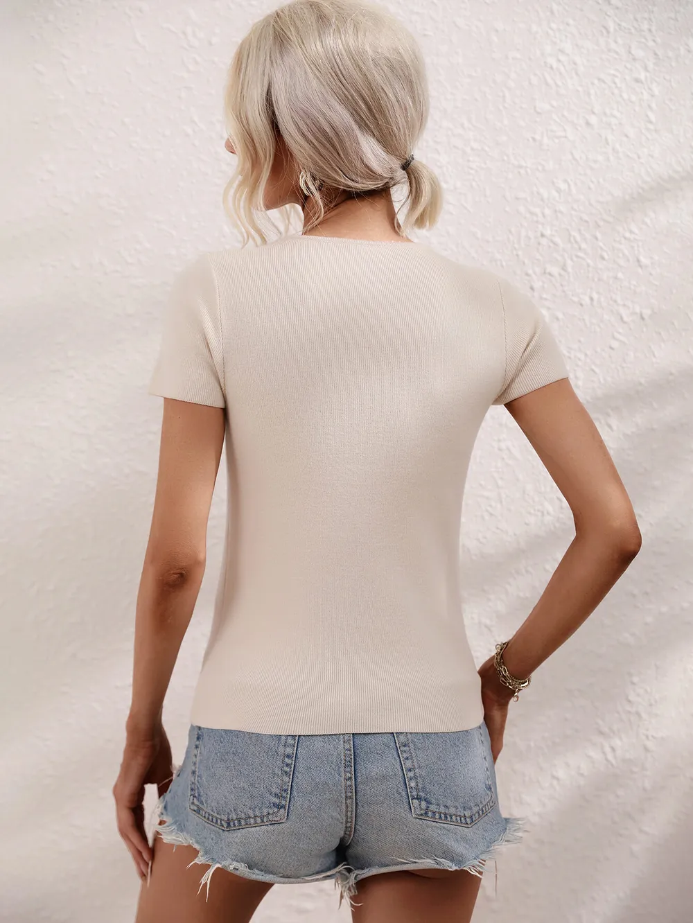 Cutout Round Neck Short Sleeve Knit Top, image 2