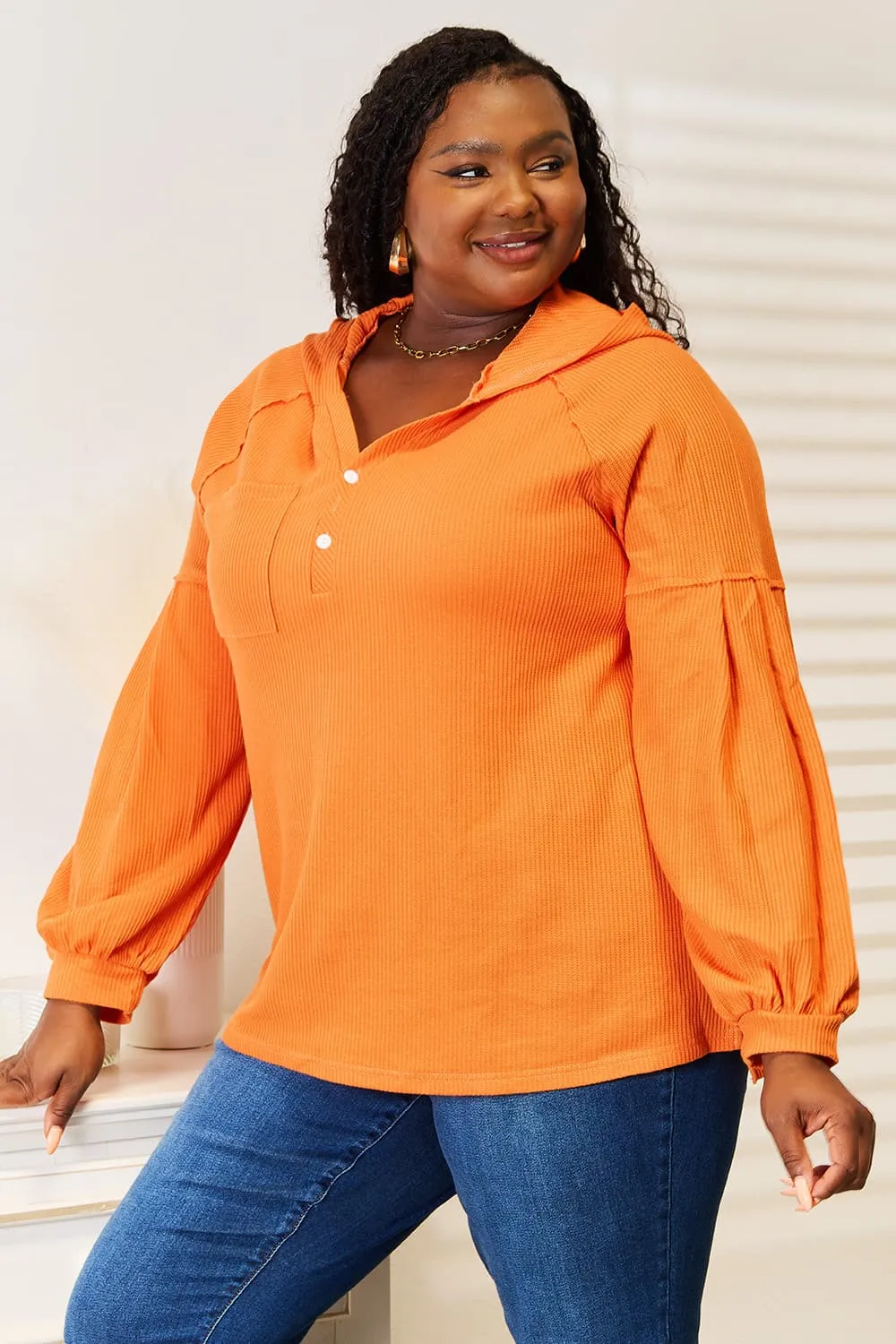 Side Slit Buttoned Waffle Knit Hoodie, image 7