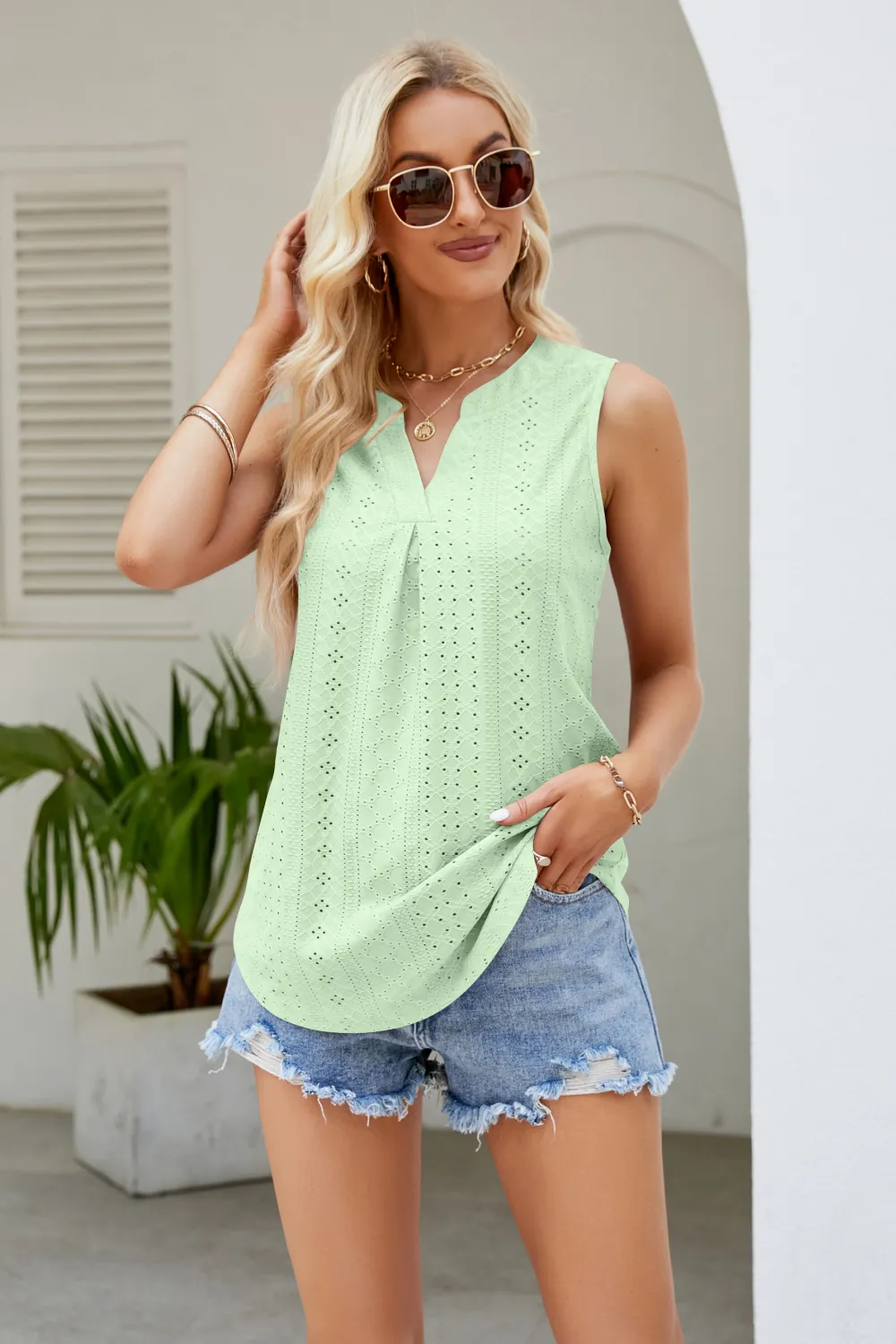 Notched Neck Curved Hem Eyelet Tank, image 5