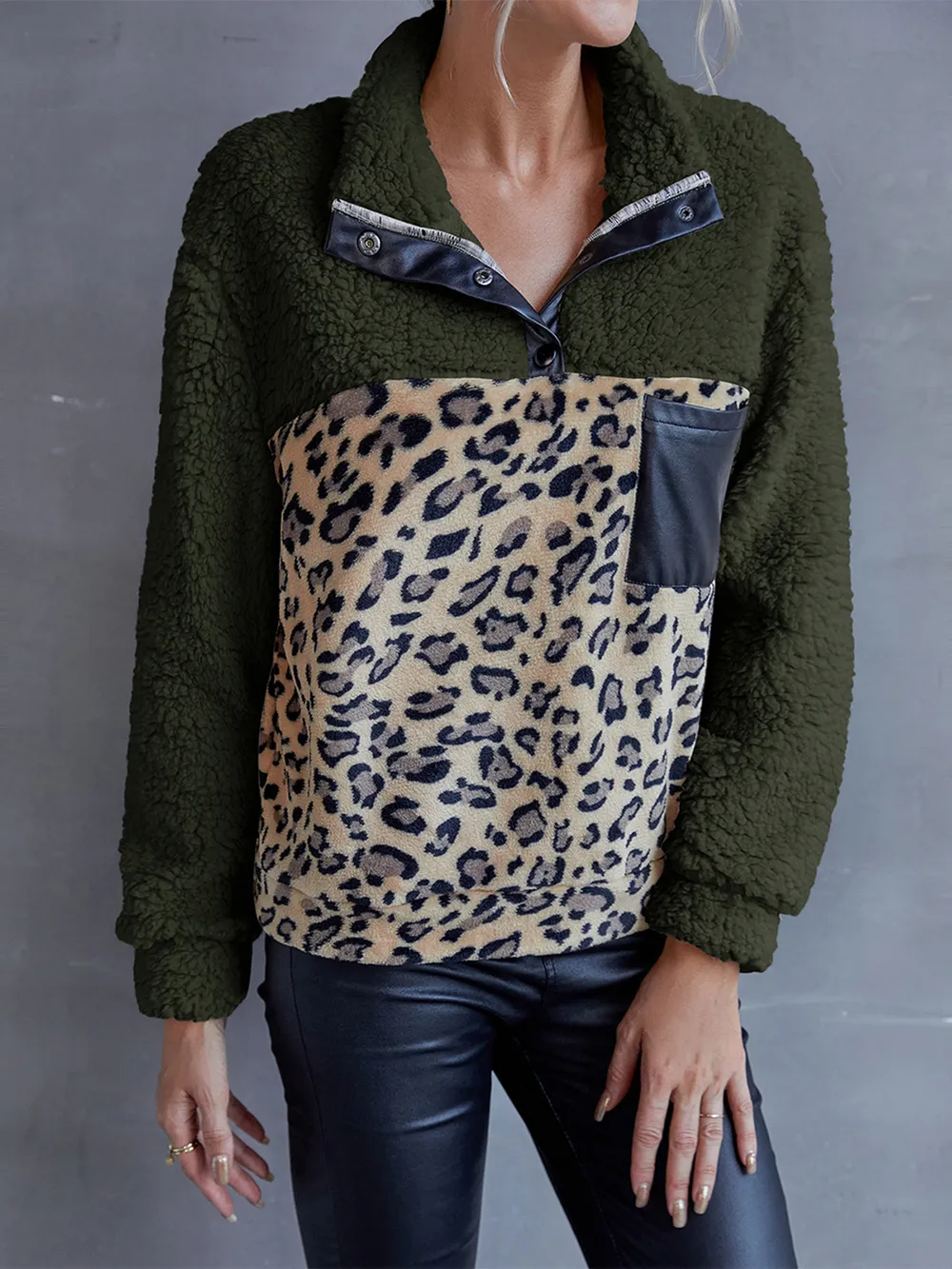 Leopard Quarter-Snap Teddy Sweatshirt, image 5