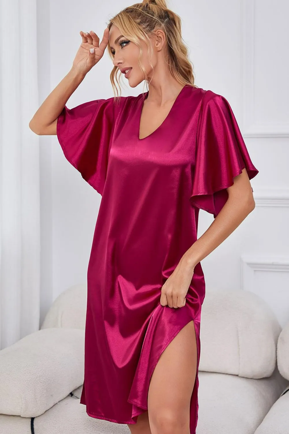 Satin Flutter Sleeve Side Slit V-Neck Night Dress, image 4