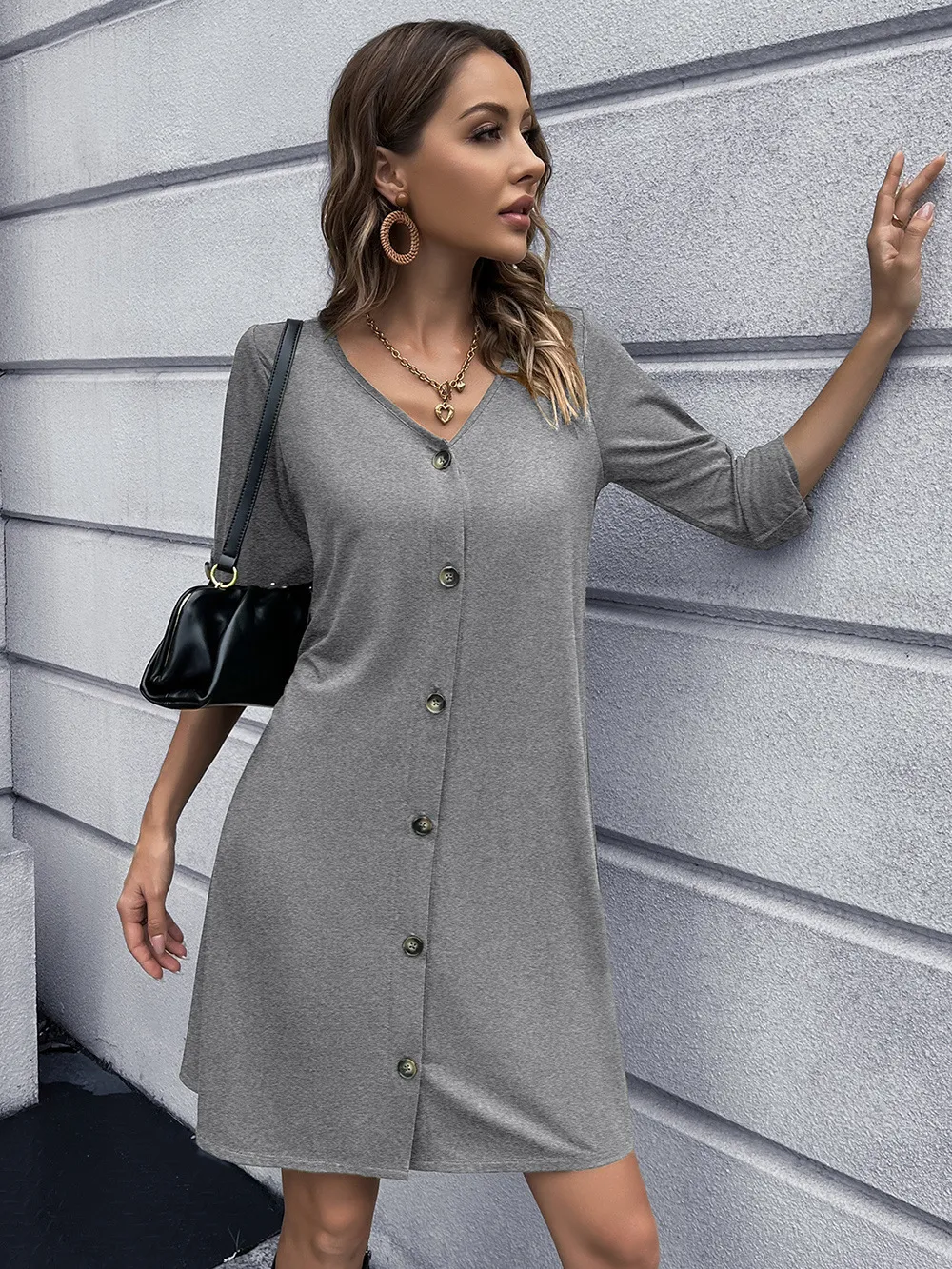 Button Down V-Neck Mini Dress, image 6