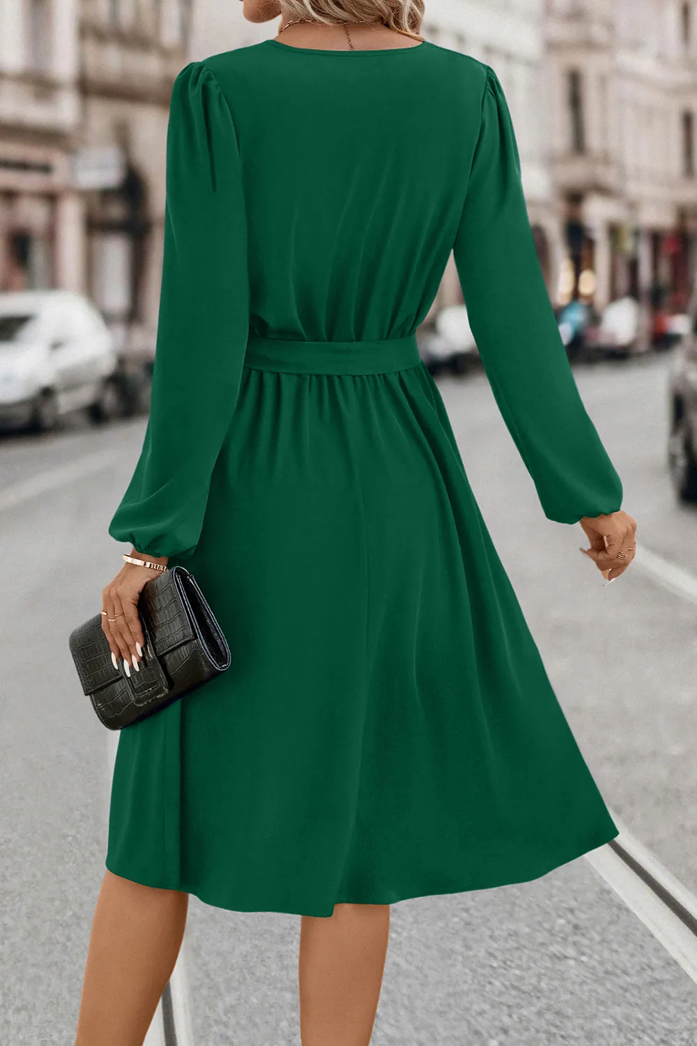 Tie Waist Notched Neck Long Sleeve Dress, image 5
