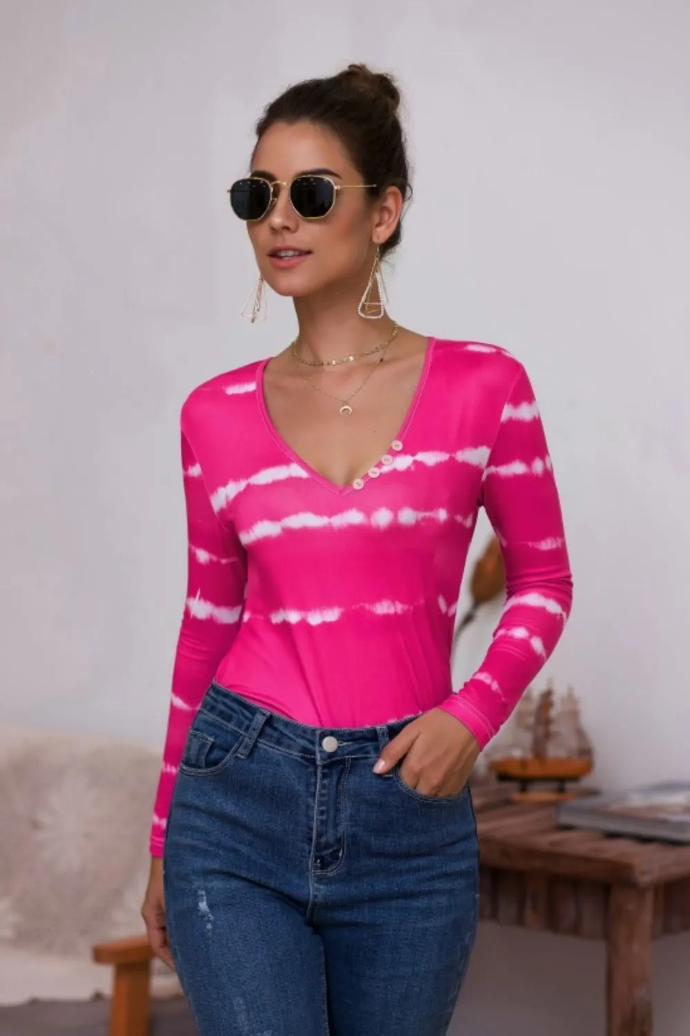Tie-Dye Plunge Long Sleeve Top, image 8